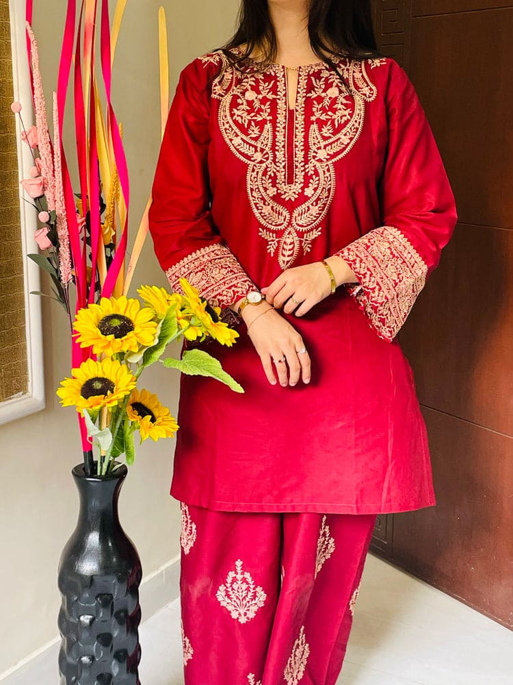 Crimson Maroon Embroidered 2-Piece Summer Lawn Co-ord Set VOL 1