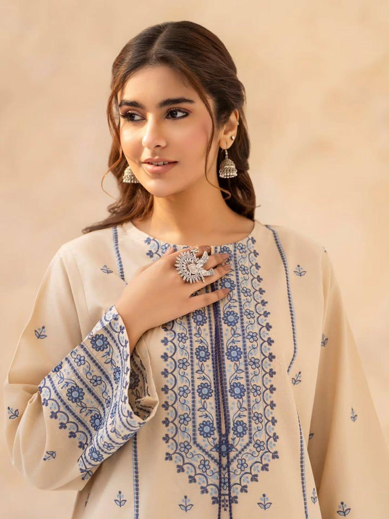 Beige & Blue Embroidered Lawn Suit
