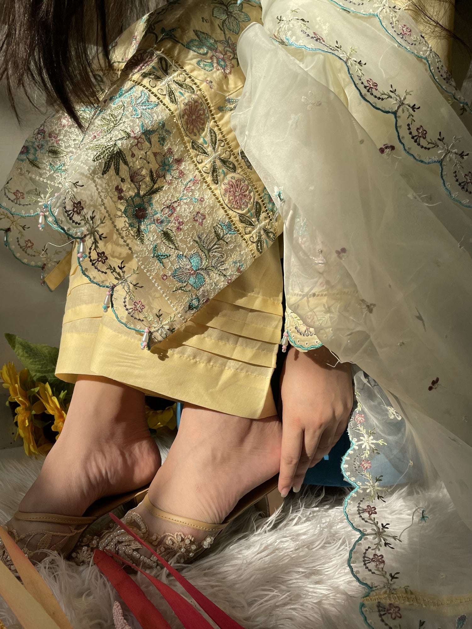 Pastel Yellow Embroidered 3-Piece Summer Festive Organza & Cotton Suit VOL 1