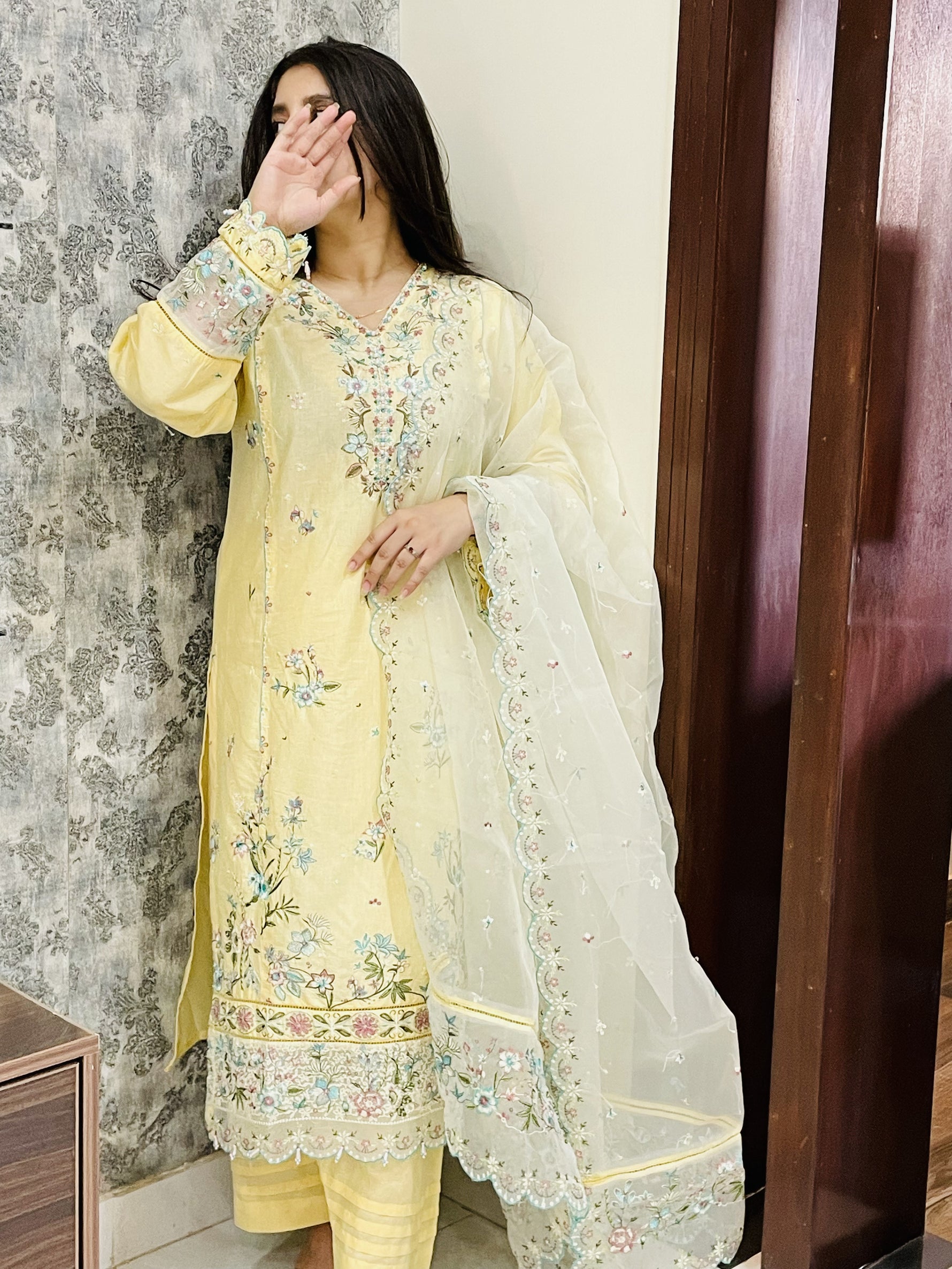 Pastel Yellow Embroidered 3-Piece Summer Festive Organza & Cotton Suit VOL 1