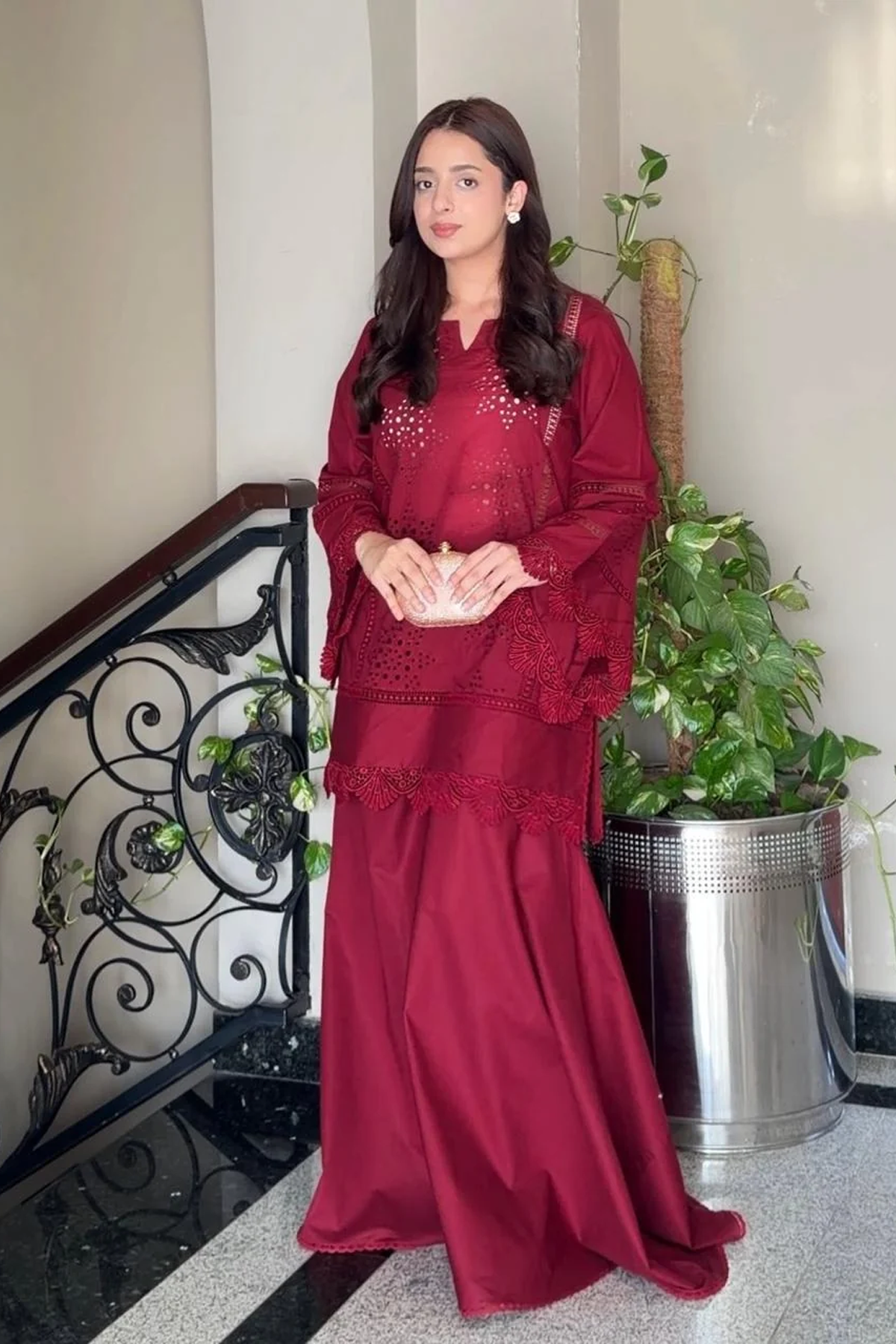 Maroon Chikankari Flapper Suit