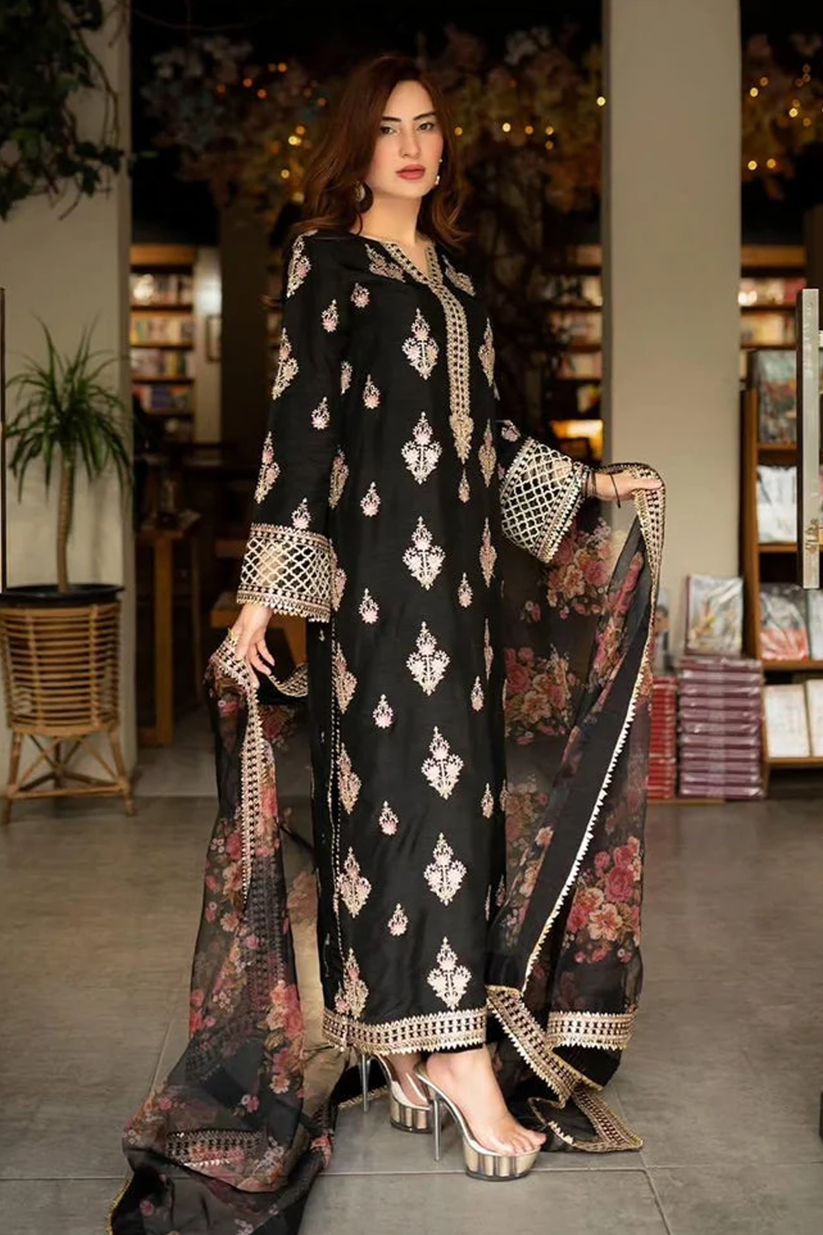 Black Floral Organza Embroidered Suit