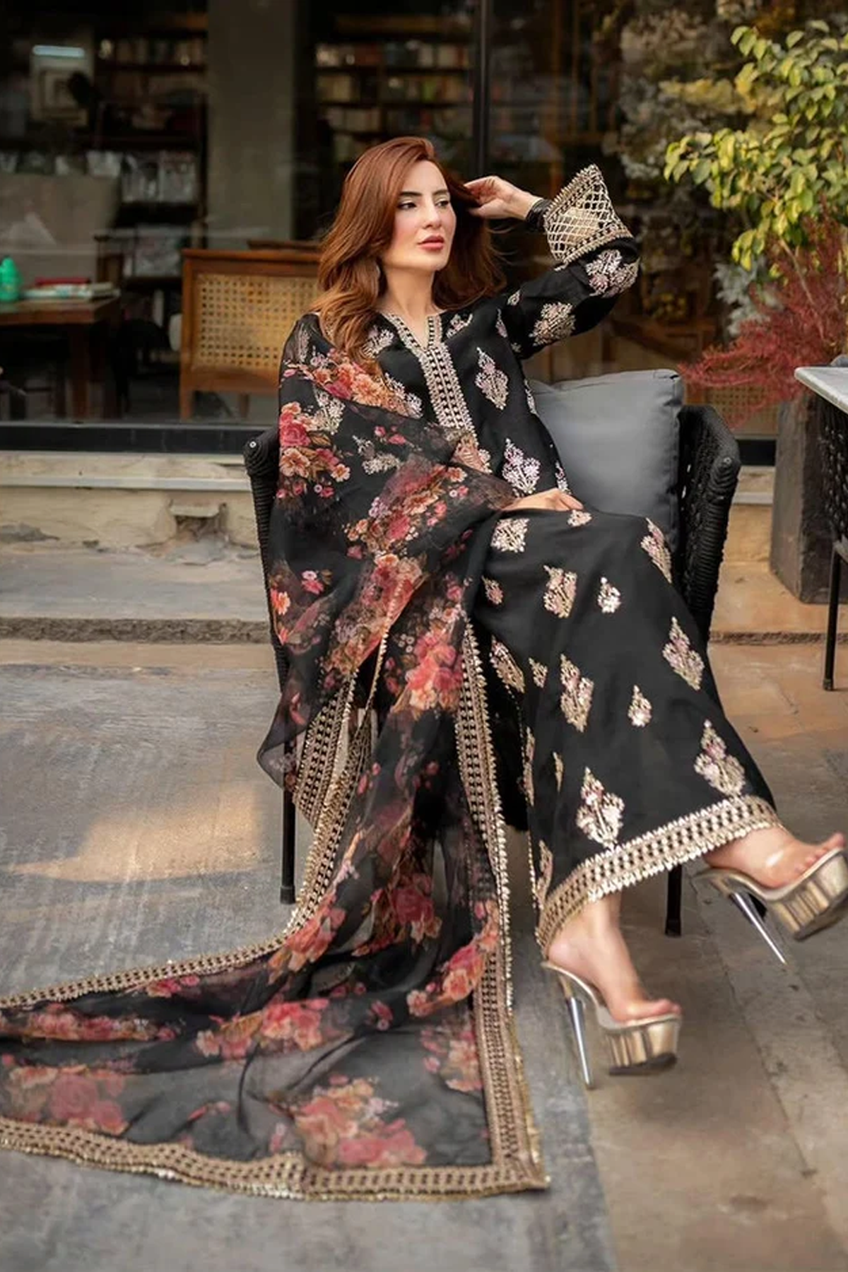 Black Floral Organza Embroidered Suit