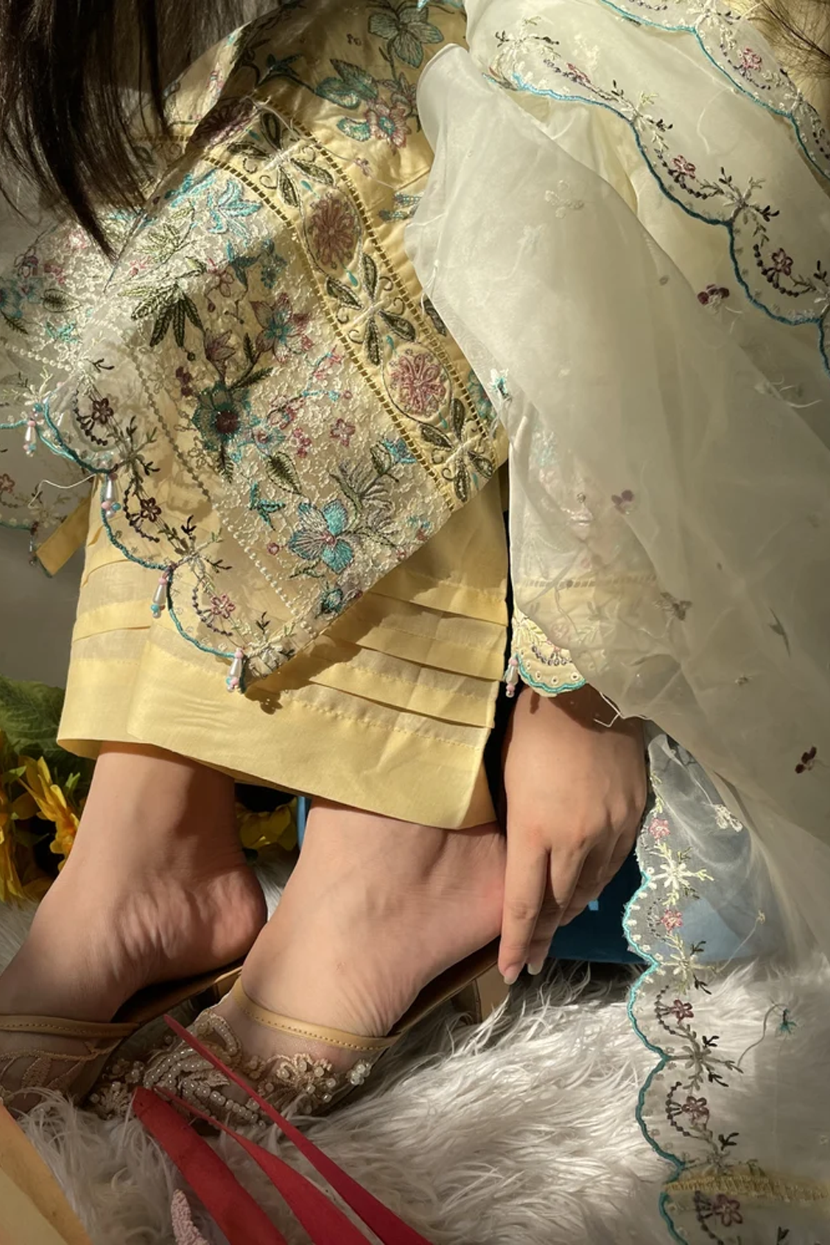 Pastel Yellow Embroidered 3-Piece Summer Festive Organza & Cotton Suit VOL 1