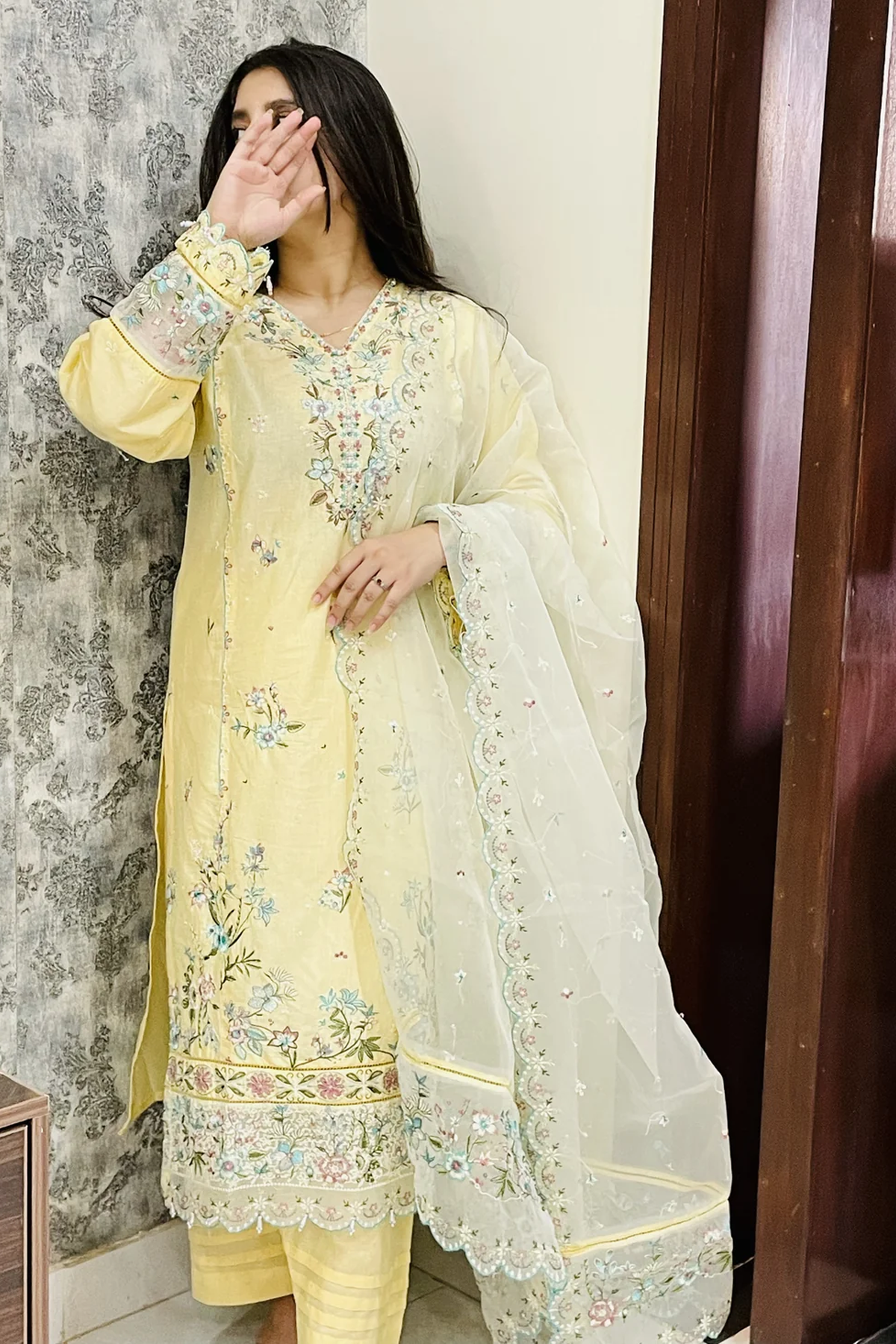 Pastel Yellow Embroidered 3-Piece Summer Festive Organza & Cotton Suit VOL 1