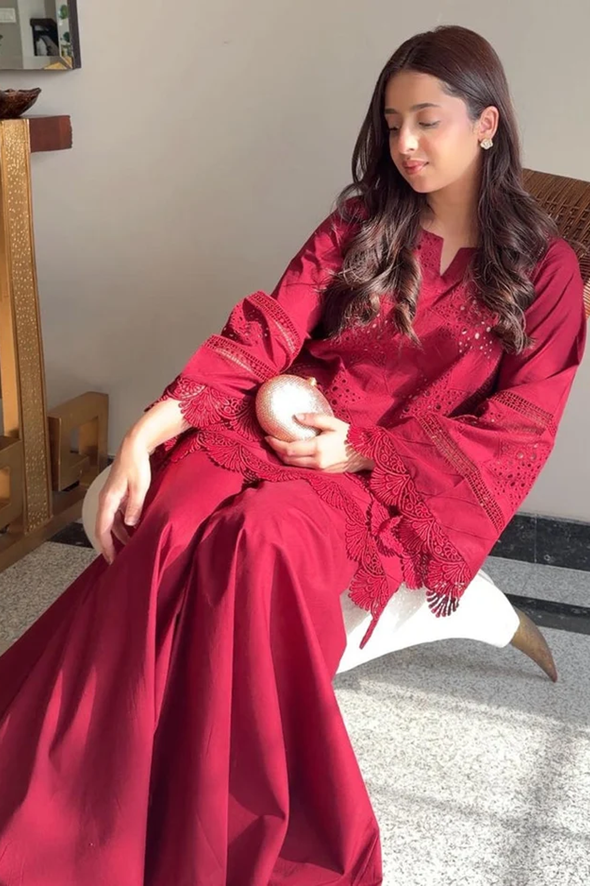 Maroon Chikankari Flapper Suit