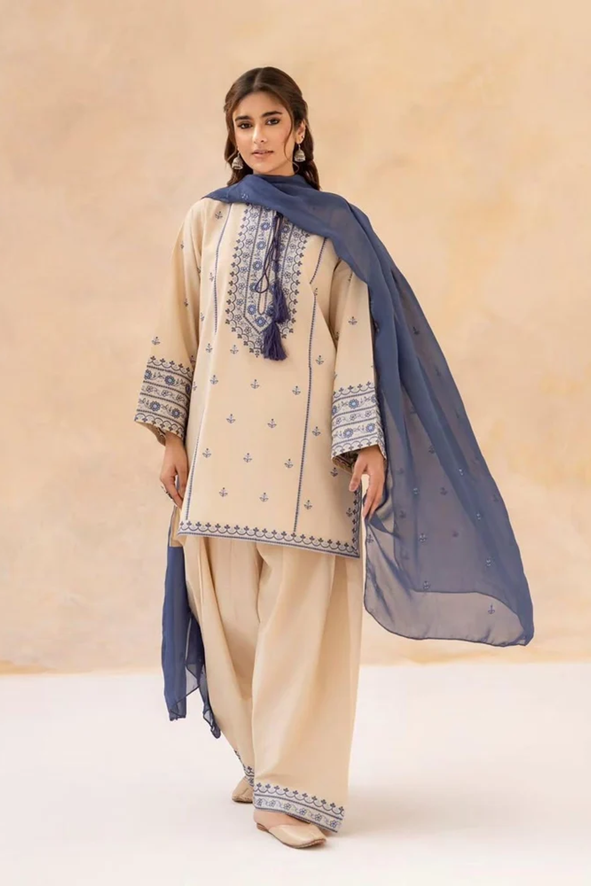 Beige & Blue Embroidered Lawn Suit