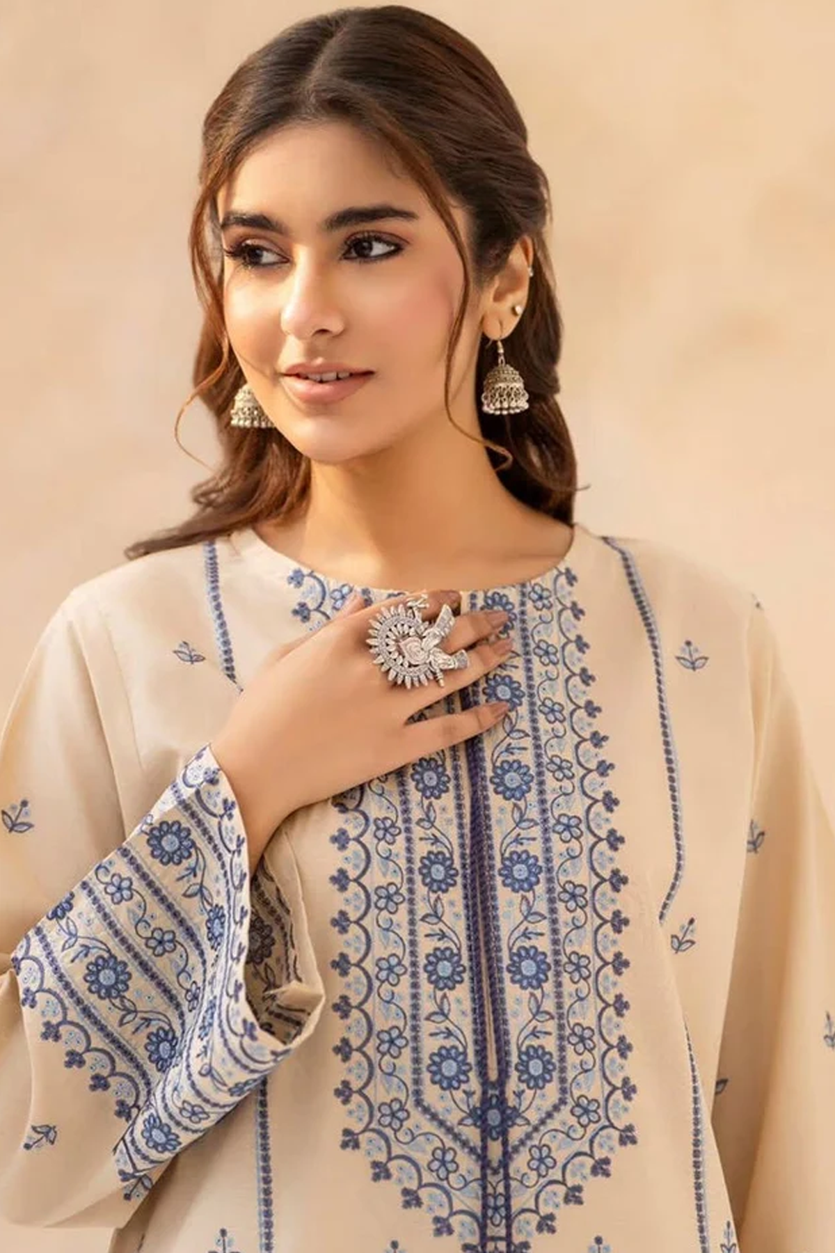 Beige & Blue Embroidered Lawn Suit
