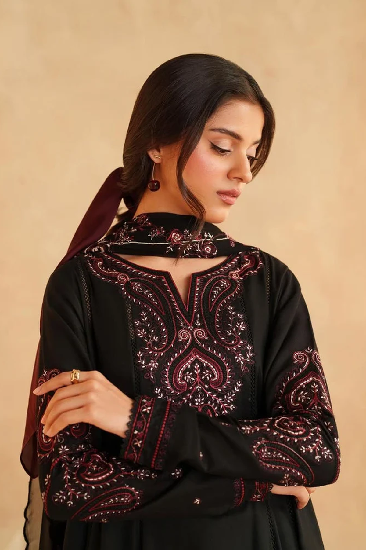 Black Embroidered Maxi Suit