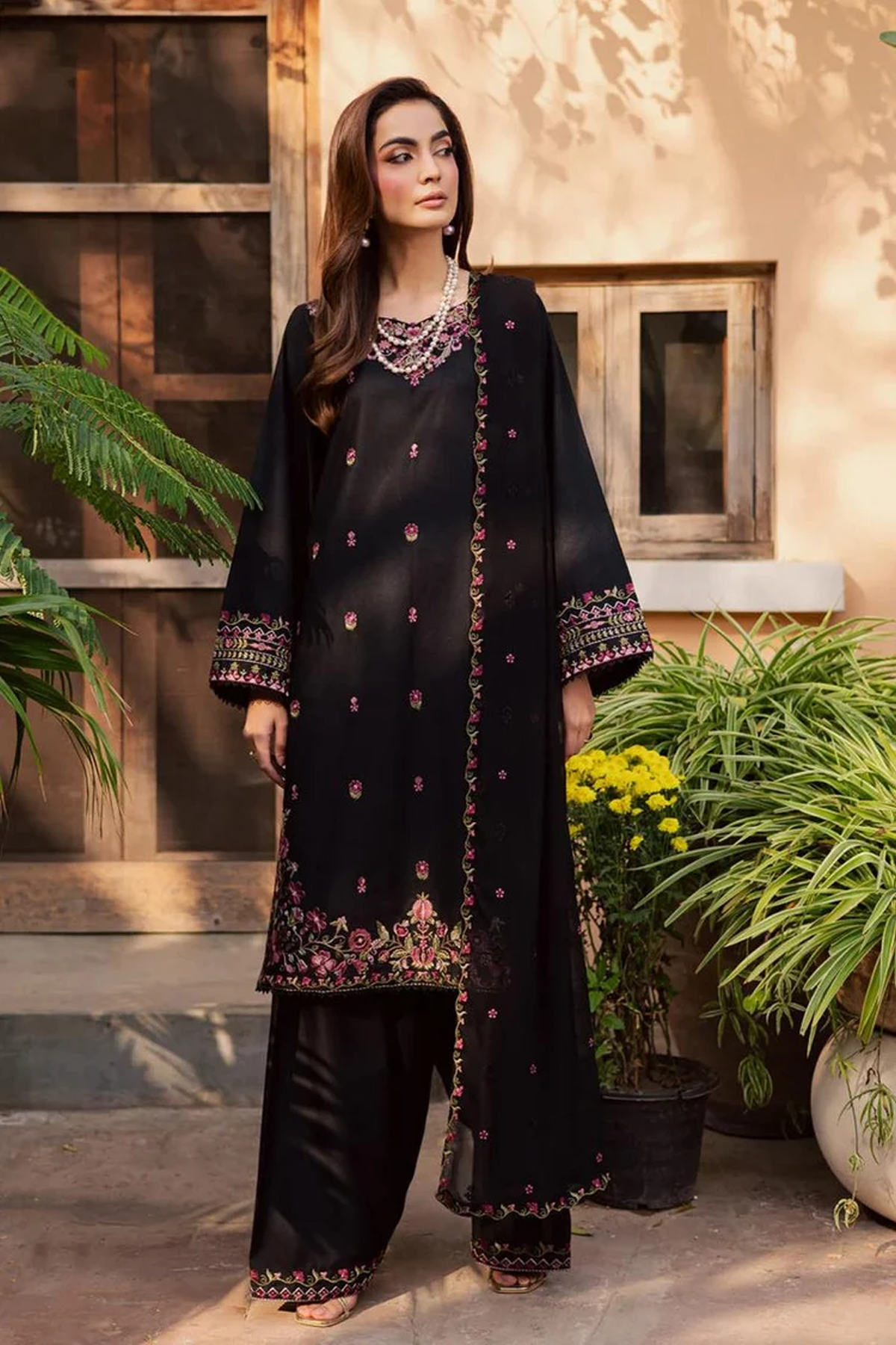 Black Embroidered Maxi Suit