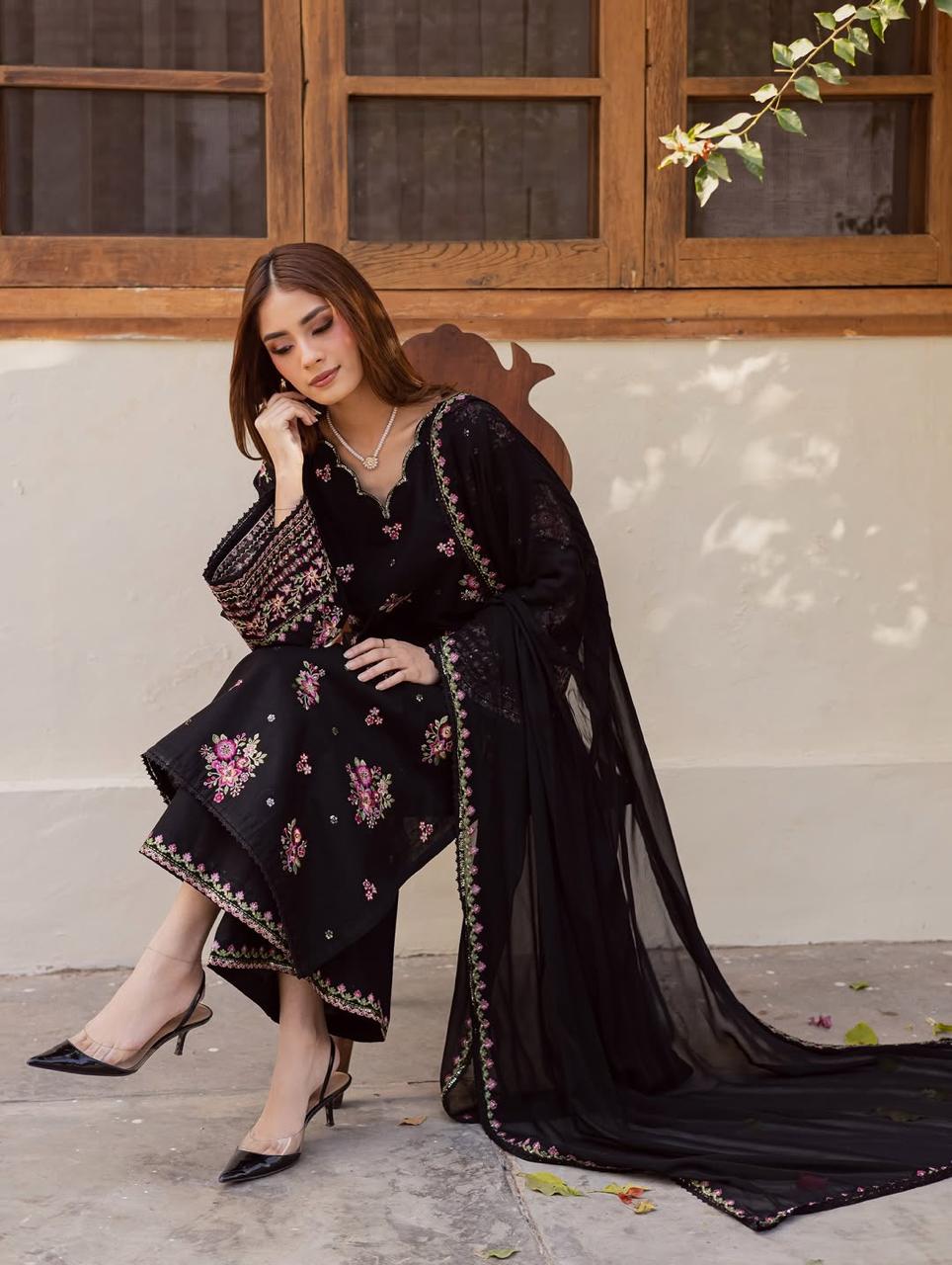 Black Floral Embroidered Lawn Suit