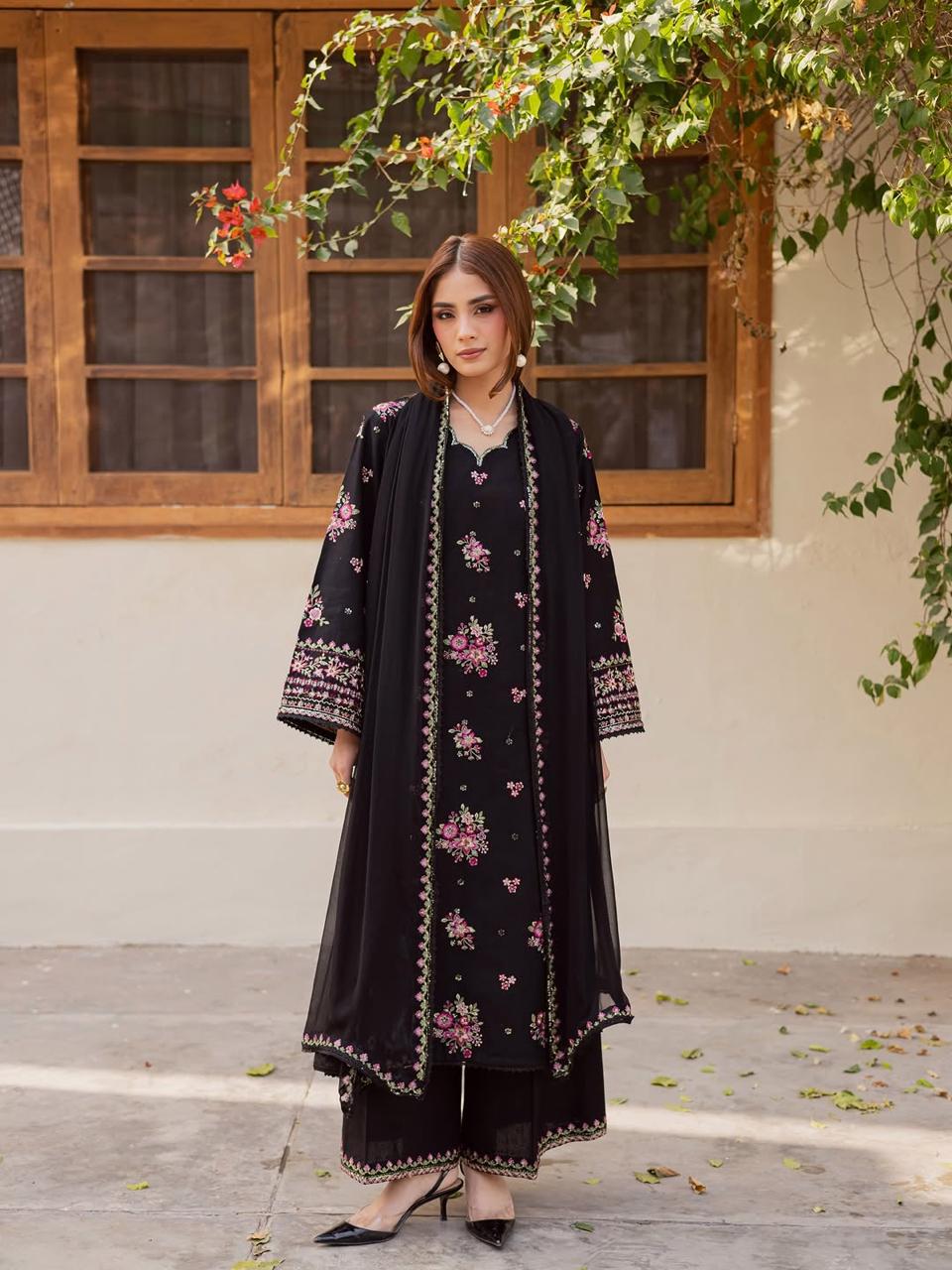 Black Floral Embroidered Lawn Suit