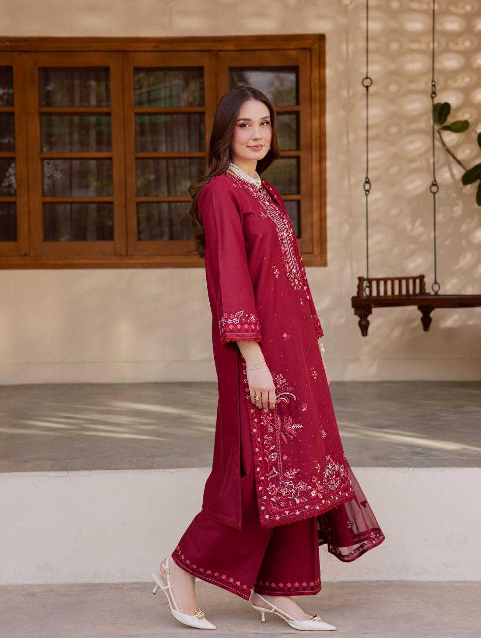 Maroon Heavy Embroidered Lawn Suit