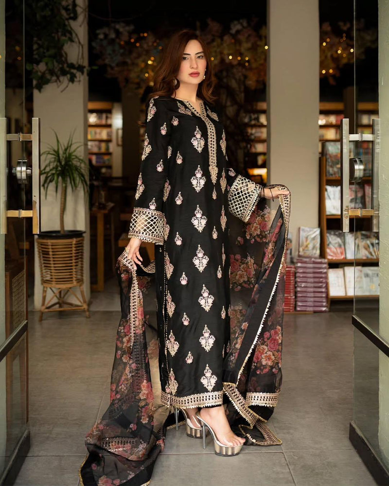 Black Floral Organza Embroidered Suit