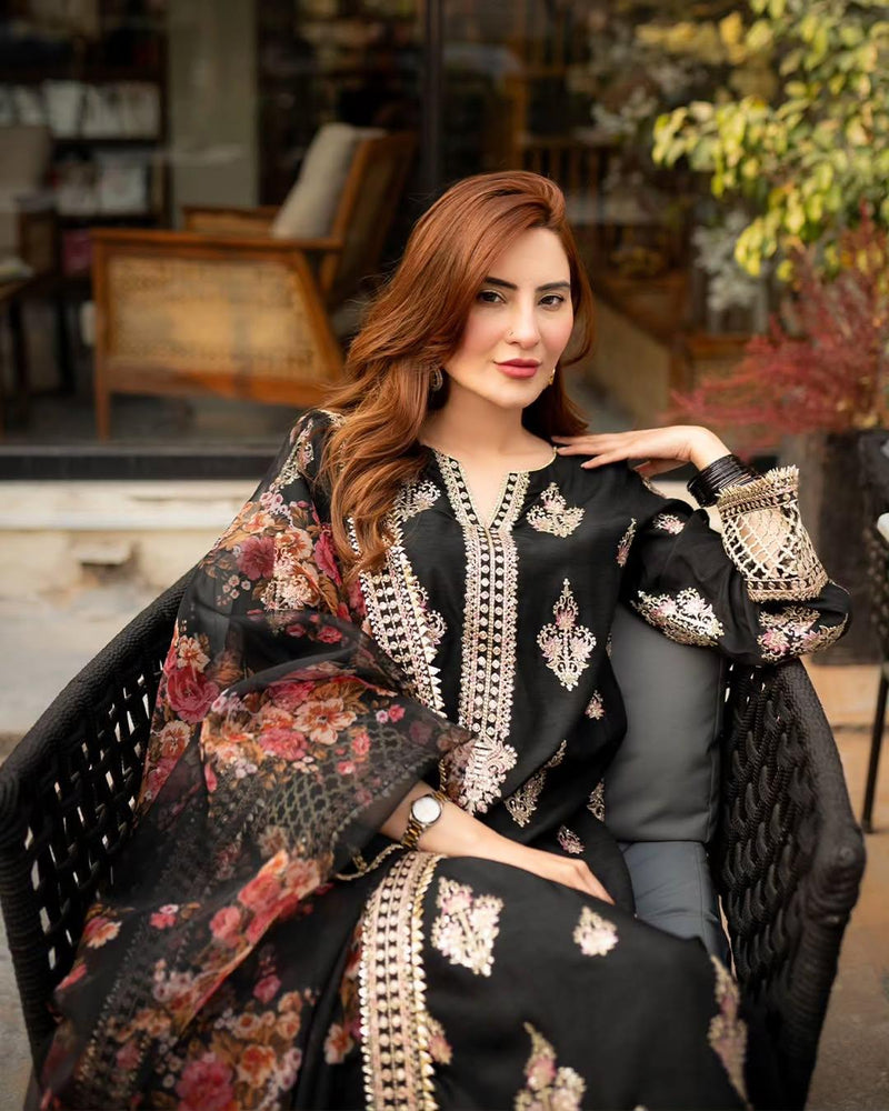 Black Floral Organza Embroidered Suit