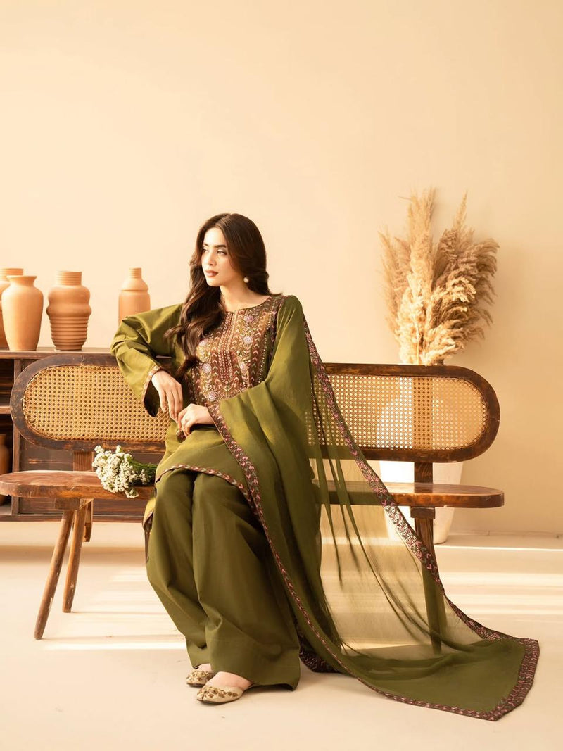 Olive Green Embroidered Lawn Suit