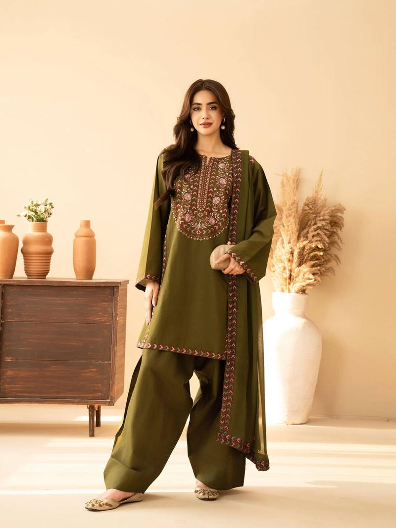 Olive Green Embroidered Lawn Suit
