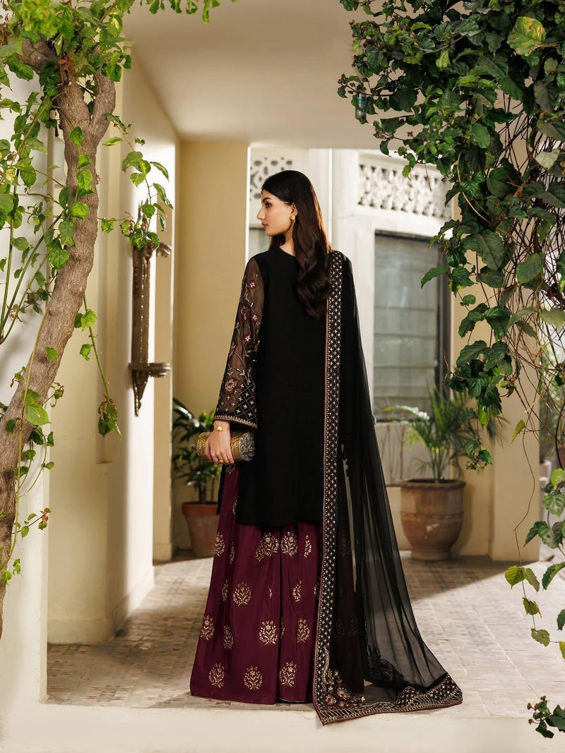 Black & Maroon Embroidered 3-Piece Suit
