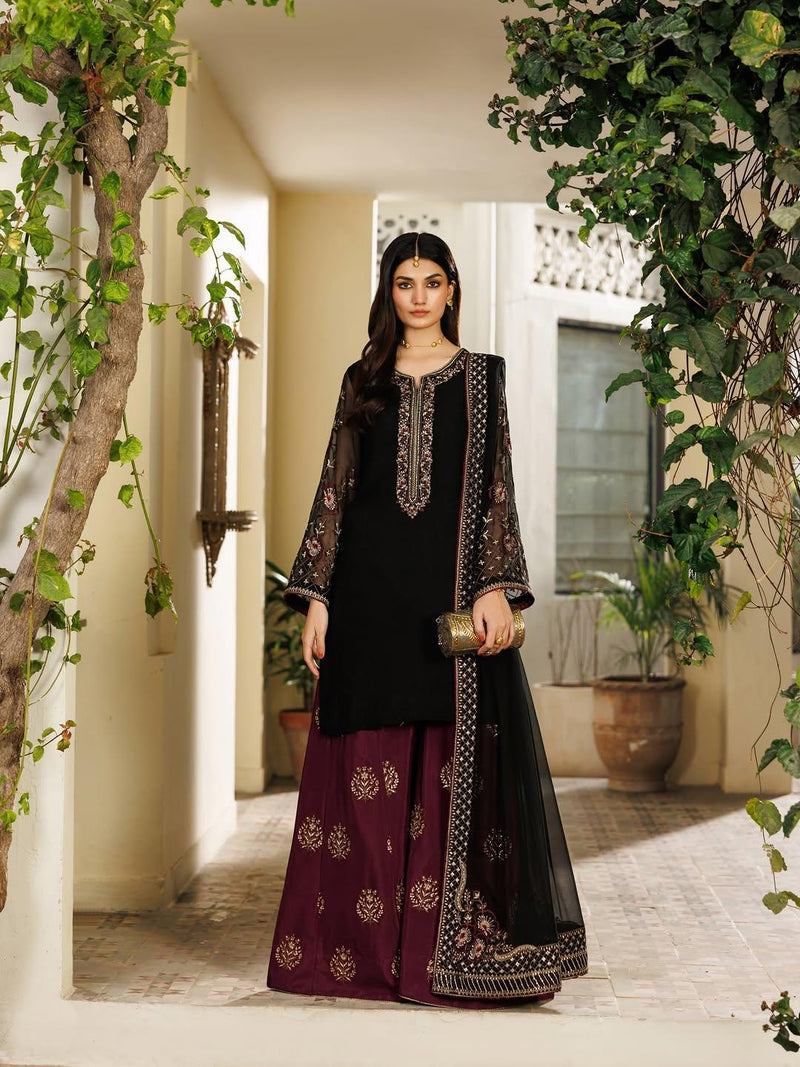 Black & Maroon Embroidered 3-Piece Suit