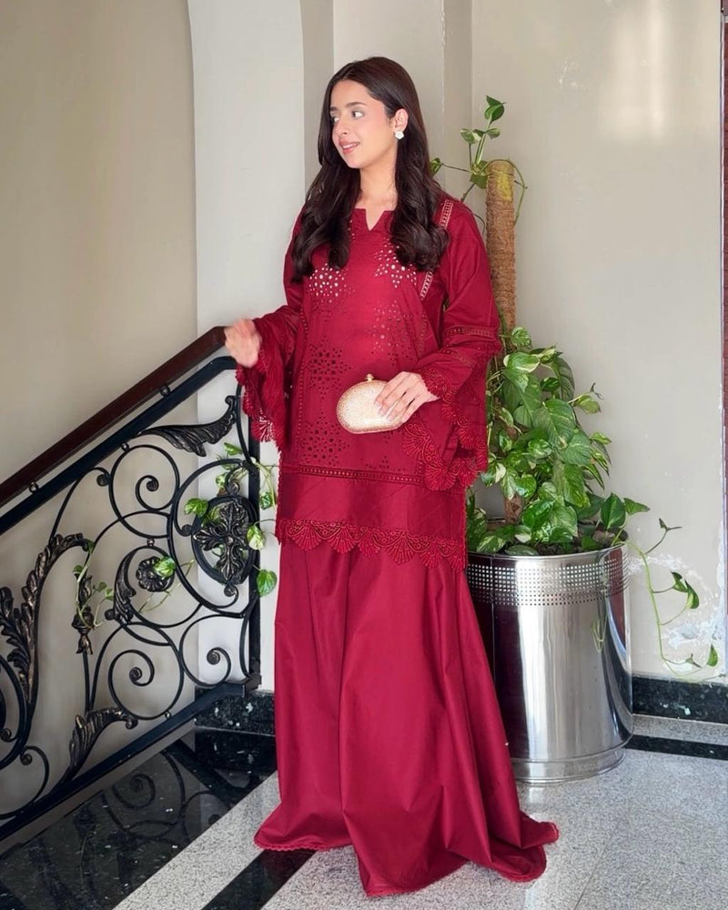 Maroon Chikankari Flapper Suit