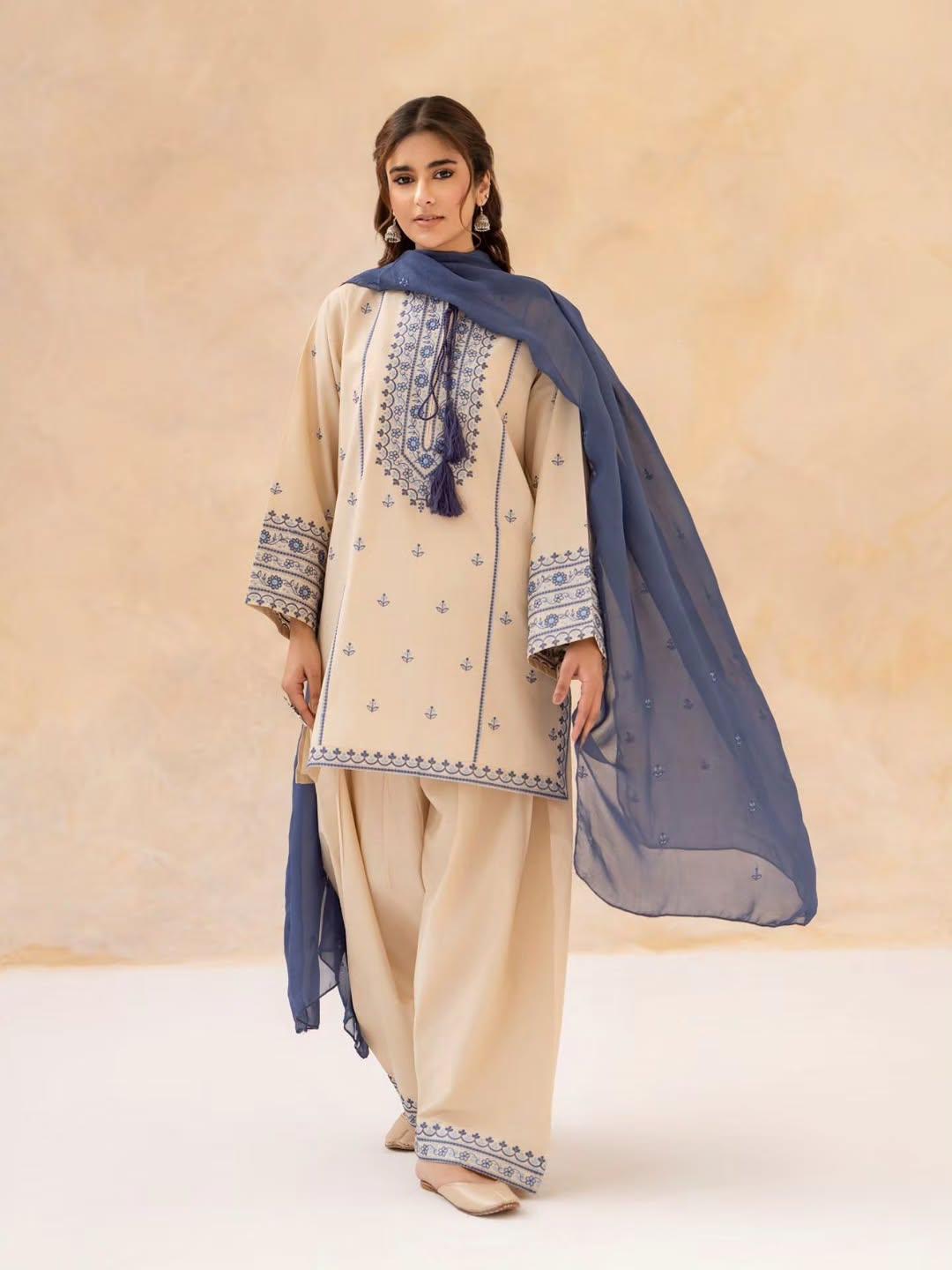 Beige & Blue Embroidered Lawn Suit