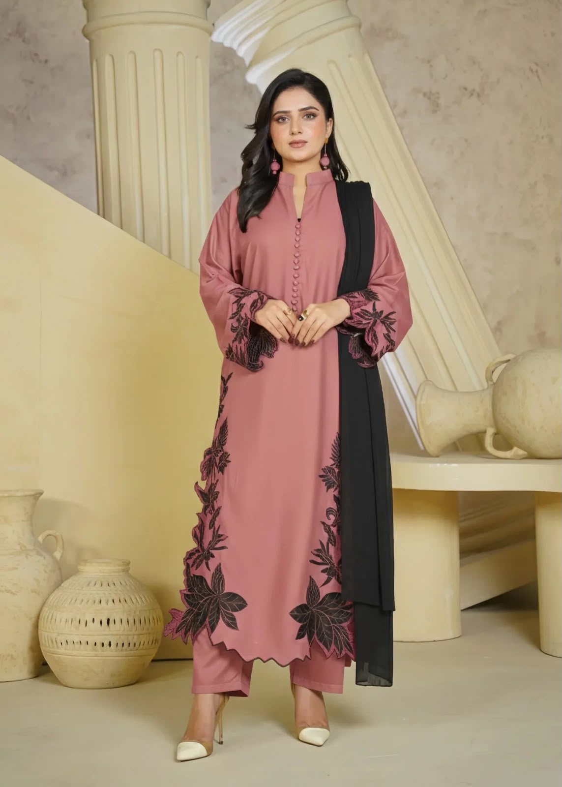 Tea Rose Pink Embroidered 3-Piece Linen Suit VOL 2